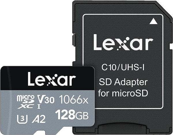 Lexar Professional 1066x 128GB microSDXC UHS-I Card w/ SD Adapter, C10, U3, V30, A2, Full HD, 4K UHD, Up To 160MB/s Read