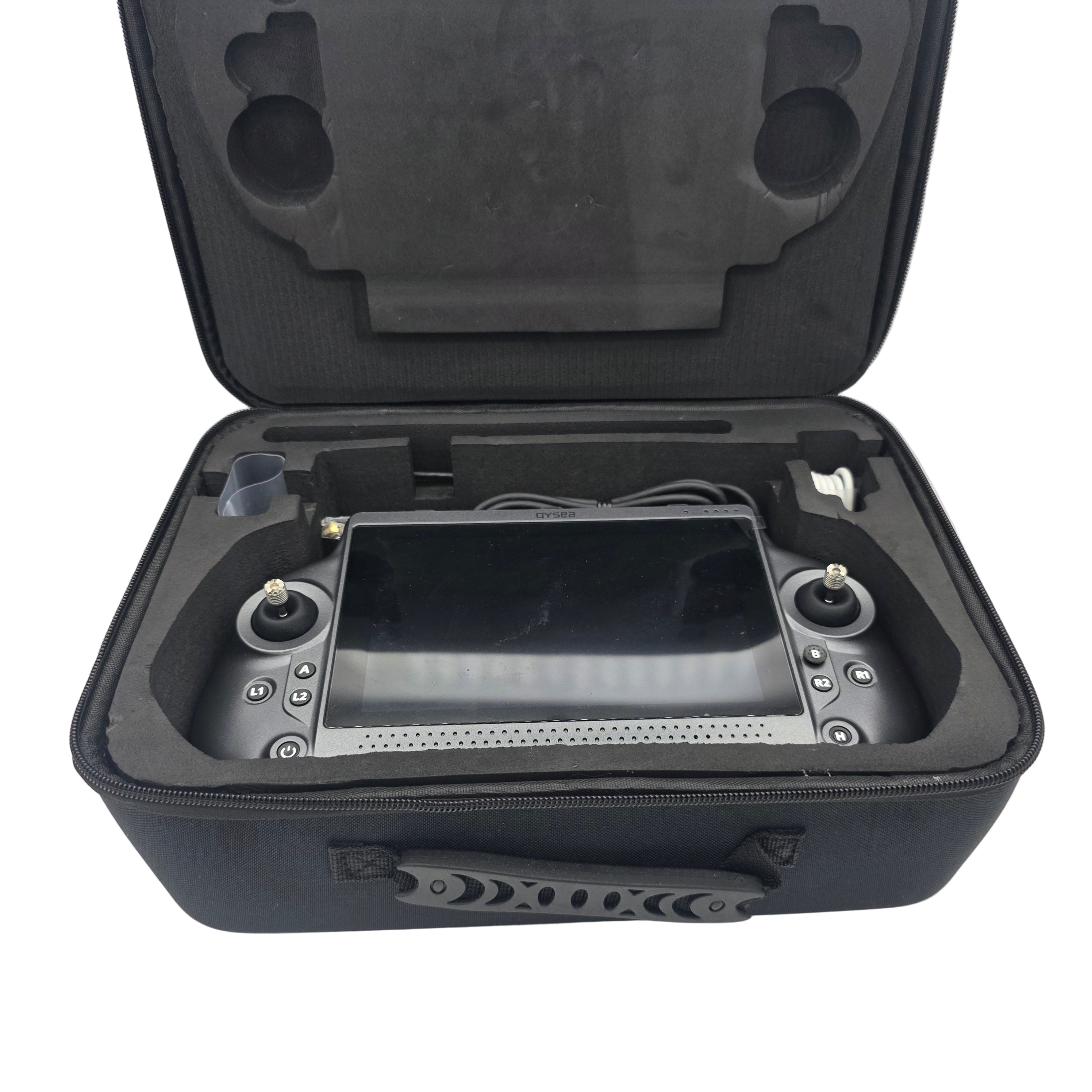 Black carrying case with a handheld device inside on a white background