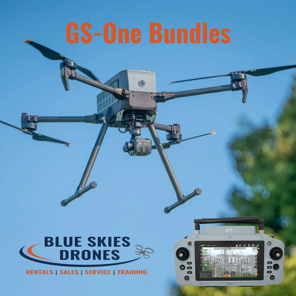 Drone flying in the sky with Blue Skies Drones branding and product name 'GS-One Bundles'.