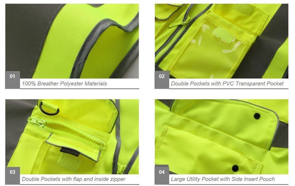 JKSafety 9 Pockets Class 2 High Visibility Zipper Front Safety Vest with Reflective Strips, Yellow Meets ANSI/ISEA Standards (Large)