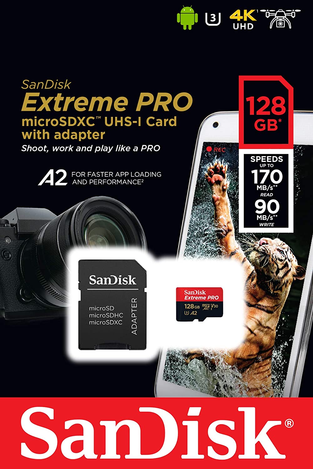 SanDisk - Extreme Pro SDXC UHS-I U3 A2 V30 128GB + Adapter