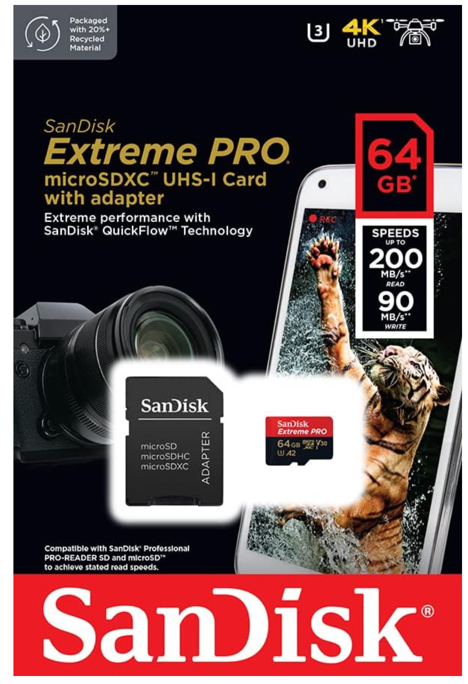SanDisk 64GB Extreme Pro microSD UHS-I Card with Adapter